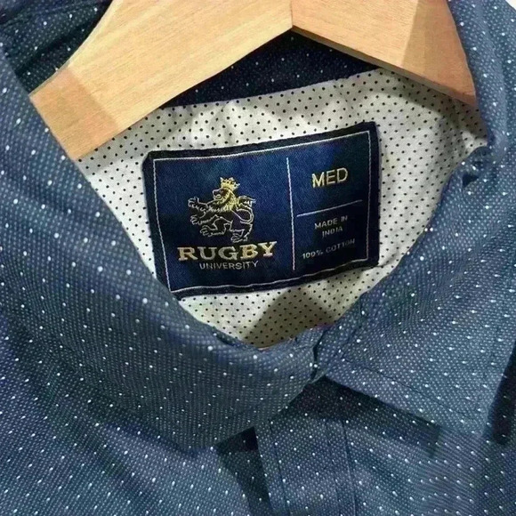 Rugby University Men’s Short Sleeve Button Down Shirt Blue White Dots Size M - Picture 3 of 6